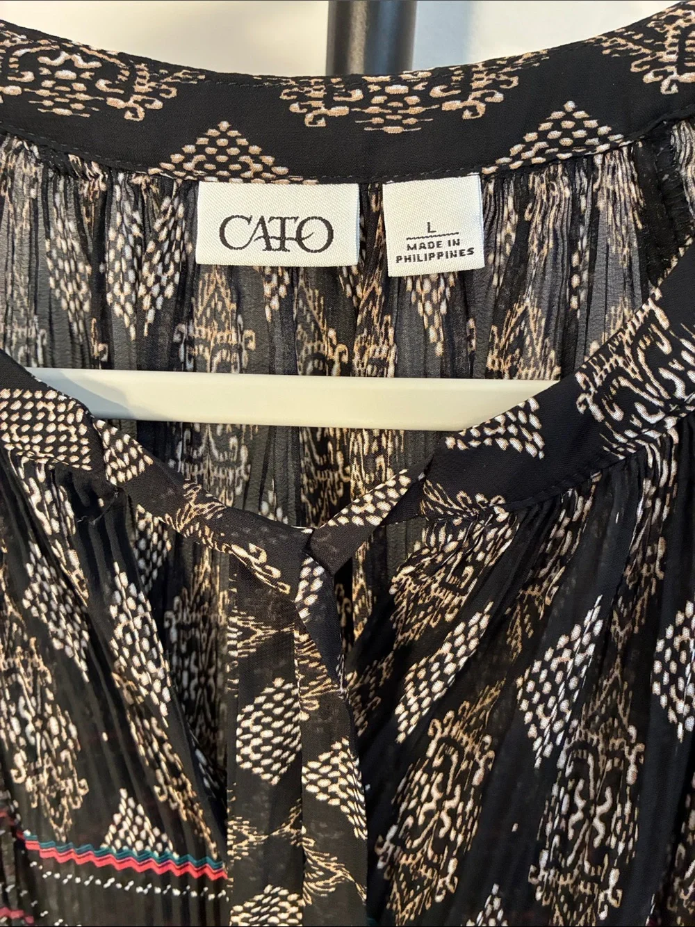 Cato Black Sheer Button-Front Boho Mixed Print Striped Paisley Blouse Tie Large